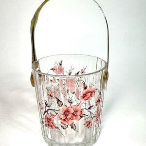 1960s Italian Crystal Glass Floral Ice Bucket Gold Tone Handle